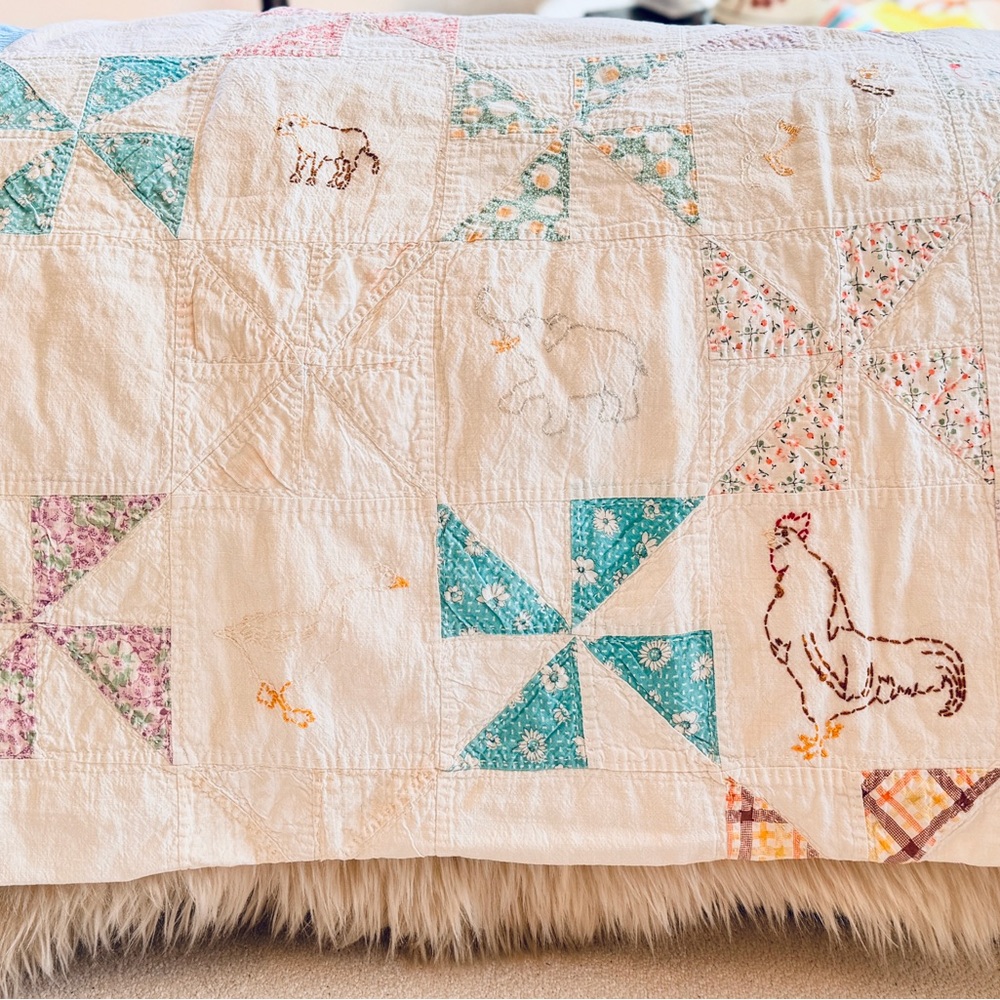 Vintage baby crib quilt, hand embroidered animals 44" x 54"